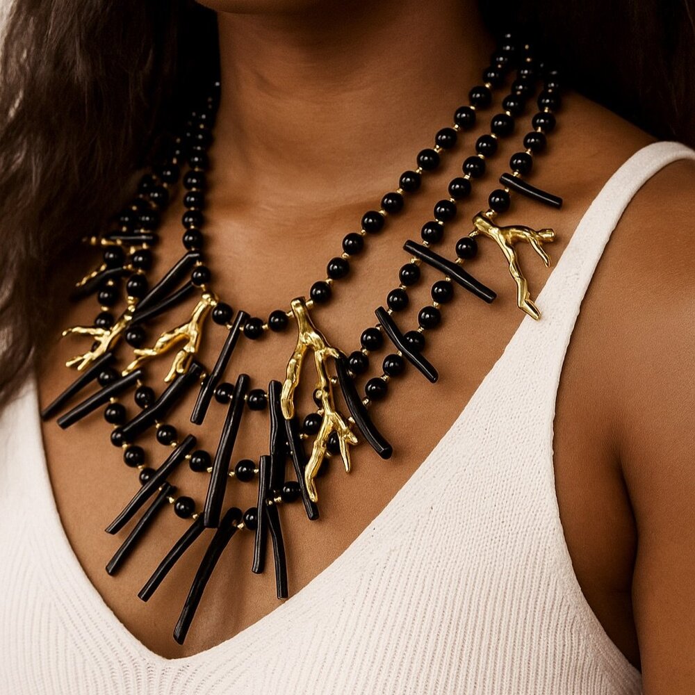 Necklace, new, triple strand, black coral, onyx beads, gold plated resin coral